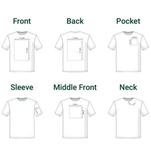 May include: Diagram of a white t-shirt, showing different views: front, back, pocket, sleeve, middle front, and neck. Measurements are provided in inches for print areas, including an 11-inch square on the front and back.