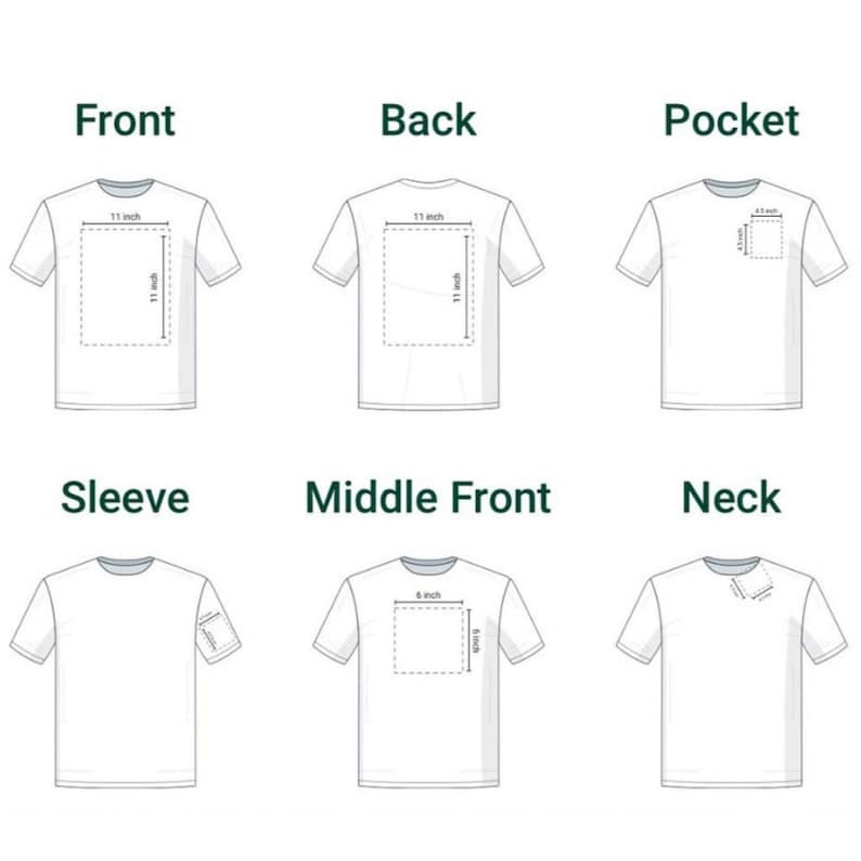 May include: Diagram of a white t-shirt, showing different views: front, back, pocket, sleeve, middle front, and neck. Measurements are provided in inches for print areas, including an 11-inch square on the front and back.