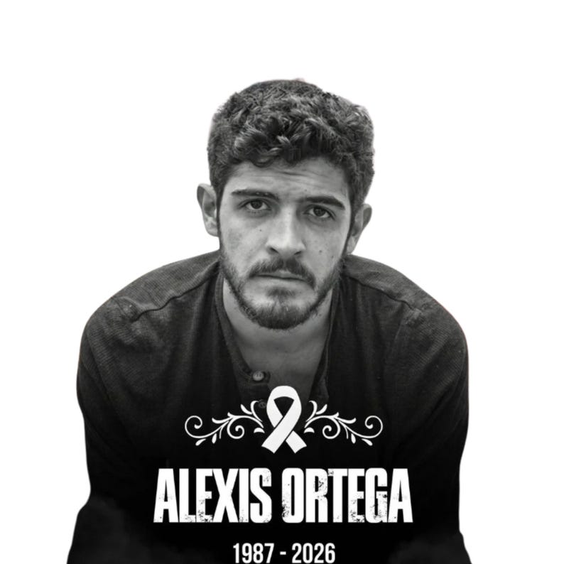 May include: Black and white image of a man with dark curly hair and a beard. The text "ALEXIS ORTEGA" is displayed in bold white letters, with the years "1987-2026" below. A decorative ribbon graphic is above the name.