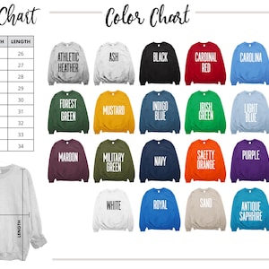 May include: A size and color chart for sweatshirts. The size chart lists sizes XS to 5XL with corresponding width and length measurements in inches. The color chart displays various sweatshirt colors, including Athletic Heather, Black, and Red.