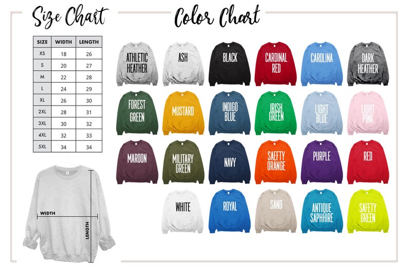 May include: A size and color chart for sweatshirts. The size chart lists sizes XS to 5XL with corresponding width and length measurements in inches. The color chart displays various sweatshirt colors, including Athletic Heather, Black, and Red.