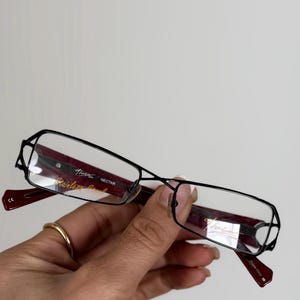 Op de afbeelding: Zwarte rechthoekige bril met een rood interieur en veren. Het montuur is van roestvrij staal. De tekst "Stainless Steel" en "Nectar" is zichtbaar op het montuur. De bril wordt door een hand vastgehouden.