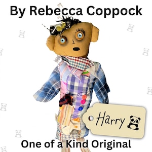 May include: A handmade fabric doll with a tan face, blue button eyes, and stitched features. It wears a patchwork shirt featuring blue and white gingham, plaid, and striped fabric scraps. A beige tag attached to the doll reads Harry with a panda icon.