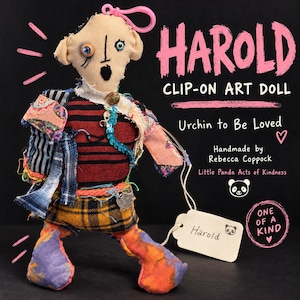 May include: A fabric art doll named Harold with a pink plastic clip, featuring mismatched patterned clothing, a red and black striped shirt, yellow plaid shorts, and orange-purple legs. A white tag labeled Harold is attached to the doll.