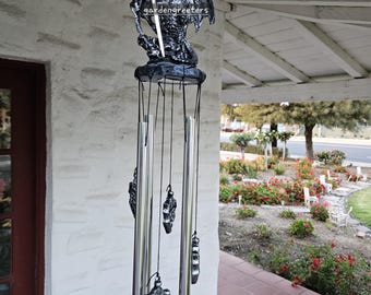 Dragon with Sword Metal Wind Chime – 23" Tall Figurine Decor Black