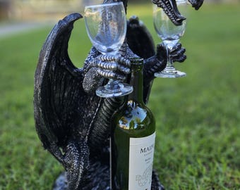 Large Dragon Wine Glass Holder Black Silver Dragon Statue