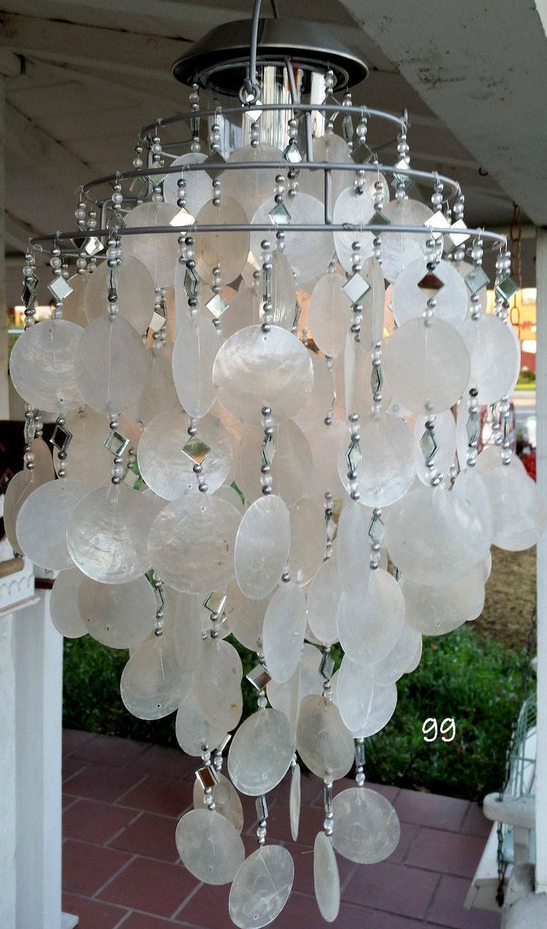 Solar Capiz Shell Windchimes/Chandelier White Capiz Chimes With Solar Light image 1