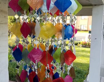 Mixed Color Solar Capiz Shell Windchimes/Chandelier Mixed Color Capiz Chimes With Solar LED Light