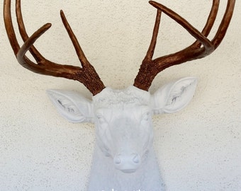 Faux White/Bronze Deer Head 8 Point Buck Wall Mount Decor
