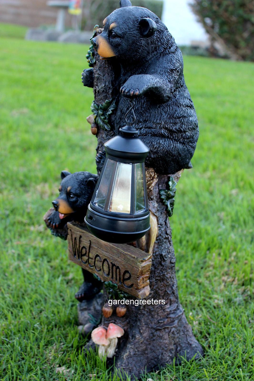 GARDENGREETER Solar Lighted Black Bear Cub Statue – Resin Figurine With Welcome Sign