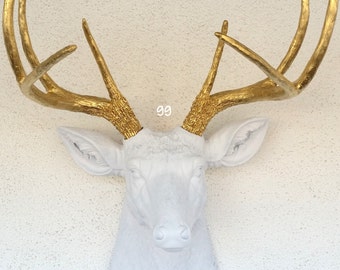 Faux White/Gold Deer Head 8 Point Buck Wall Mount Decor