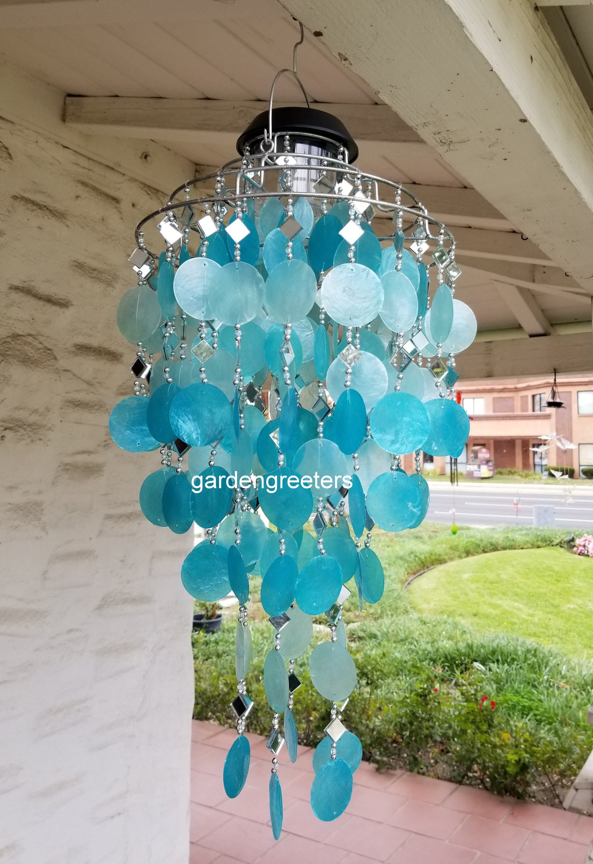 Turquoise Solar Capiz Shell Windchimes/Chandelier Turquoise Capiz Chimes Solar
