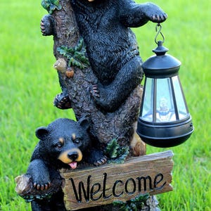 Solar Large Black Bear Cub Statue Black Bear Welcome sign Solar Figurine Bear