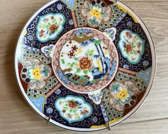 Prato de parede japonês vintage Imari 6" Azul, Vermelho, Laranja e Branco com detalhes em dourado