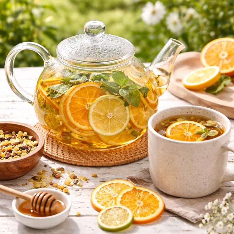 May include: A clear glass teapot filled with orange slices, lemon slices, and fresh mint leaves. Beside it sits a speckled ceramic mug containing tea with an orange slice, a small bowl of loose tea leaves, and a honey dipper in a white bowl.