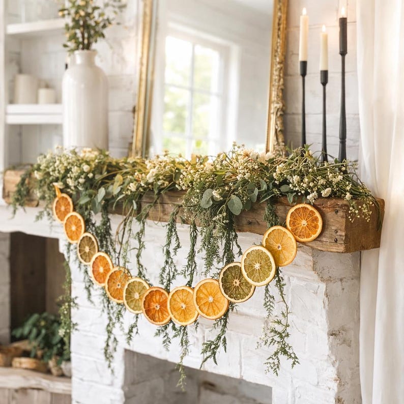 A rustic mantelpiece decorated with a garland of dried lime, lemon, and orange slices.