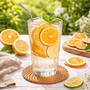 May include: A tall clear glass filled with ice, sparkling liquid, and multiple orange slices, garnished with a fresh green mint sprig and a silver metal straw. The glass sits on a round woven coaster, surrounded by additional sliced citrus fruits.