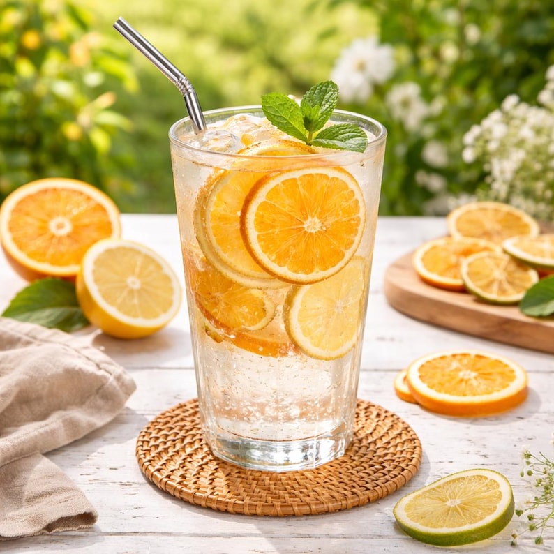 May include: A tall clear glass filled with ice, sparkling liquid, and multiple orange slices, garnished with a fresh green mint sprig and a silver metal straw. The glass sits on a round woven coaster, surrounded by additional sliced citrus fruits.