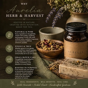 May include: A glass jar with a brown label reading AURELIA HERB & HARVEST, a wooden bowl filled with dried chamomile and rose petals, and a rectangular bar of herbal soap. Text on the image includes WHY AURELIA HERB & HARVEST and ROOTED IN NATURE.