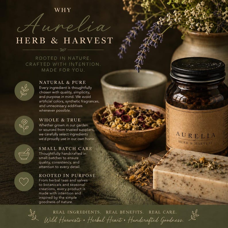 May include: A glass jar with a brown label reading AURELIA HERB & HARVEST, a wooden bowl filled with dried chamomile and rose petals, and a rectangular bar of herbal soap. Text on the image includes WHY AURELIA HERB & HARVEST and ROOTED IN NATURE.