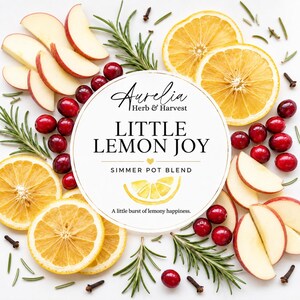 May include: A round label for Aurelia Herb & Harvest Little Lemon Joy simmer pot blend, surrounded by sliced apples, dried lemon wheels, fresh rosemary sprigs, cranberries, and cloves. The label features text and a yellow lemon slice graphic.