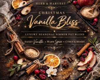 May include: A simmer pot blend featuring dried orange slices, cinnamon sticks, star anise, cranberries, vanilla beans, and brown sugar on a dark wooden surface. Text reads: AURELIA HERB & HARVEST CHRISTMAS Vanilla Bliss LUXURY SEASONAL SIMMER POT BLEND.