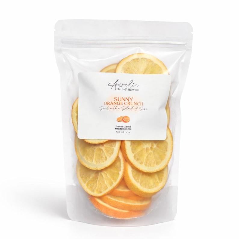 A clear plastic bag filled with freeze-dried orange slices.