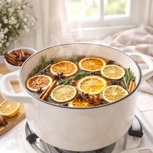 May include: A white enameled cast iron pot filled with simmering liquid, containing floating slices of orange and lime, sprigs of green rosemary, star anise, and cinnamon sticks. Steam rises from the pot, which sits on a stovetop burner.