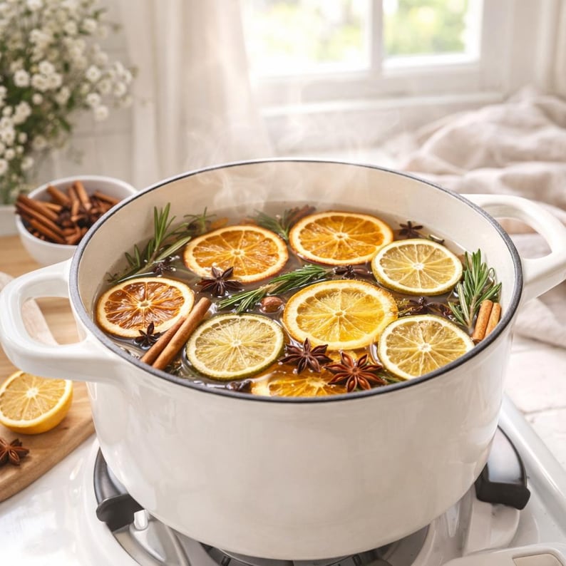 May include: A white enameled cast iron pot filled with simmering liquid, containing floating slices of orange and lime, sprigs of green rosemary, star anise, and cinnamon sticks. Steam rises from the pot, which sits on a stovetop burner.
