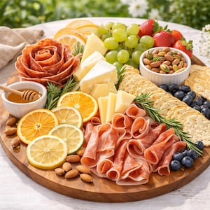 A wooden charcuterie board features oranges and lemons