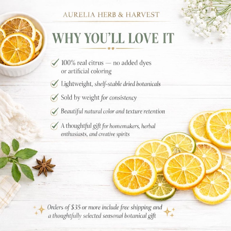 May include: A promotional graphic for Aurelia Herb & Harvest featuring dried citrus slices. Text reads: WHY YOU'LL LOVE IT, 100% real citrus, no added dyes, lightweight, shelf-stable dried botanicals, sold by weight, natural color, and gift options.