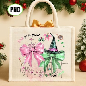 May include: A beige tote bag with a gold bow on the handle and a pink and green graphic. The graphic includes a pink bow with a crown, a green witch hat, and the text "Pink goes good... Howie's with green."