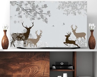 May include: A decorative panel featuring a nature scene with deer silhouettes in shades of brown and tan against a light gray background. The design includes tree branches and leaves, creating a serene forest theme. Two vases with white flowers are on either side.