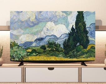 May include: A flat-screen television displays a landscape painting in the style of Van Gogh. The artwork features a vibrant sky with swirling clouds, rolling hills, and tall green trees. The TV is set on a light wood cabinet with white drawers.