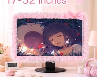 Funda decorativa de encaje para monitor de computadora con lazo y práctico bolsillo para bolígrafo