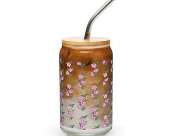 Pink Rose Floral Glass Cup with Lid and Straw, Can Shaped Iced Coffee Glass, Aesthetic Cute Drinkware, Gift for Her
