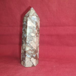 Könnte beinhalten: Ein hoher, polierter Steinobelisk mit spitzem Ende. Der Stein weist ein gesprenkeltes Muster aus braunen, grauen und blaugrauen Farbtönen auf. Der Obelisk steht aufrecht vor einem einfarbigen roten Hintergrund und zeigt seine geometrische Form und natürlichen Farben.