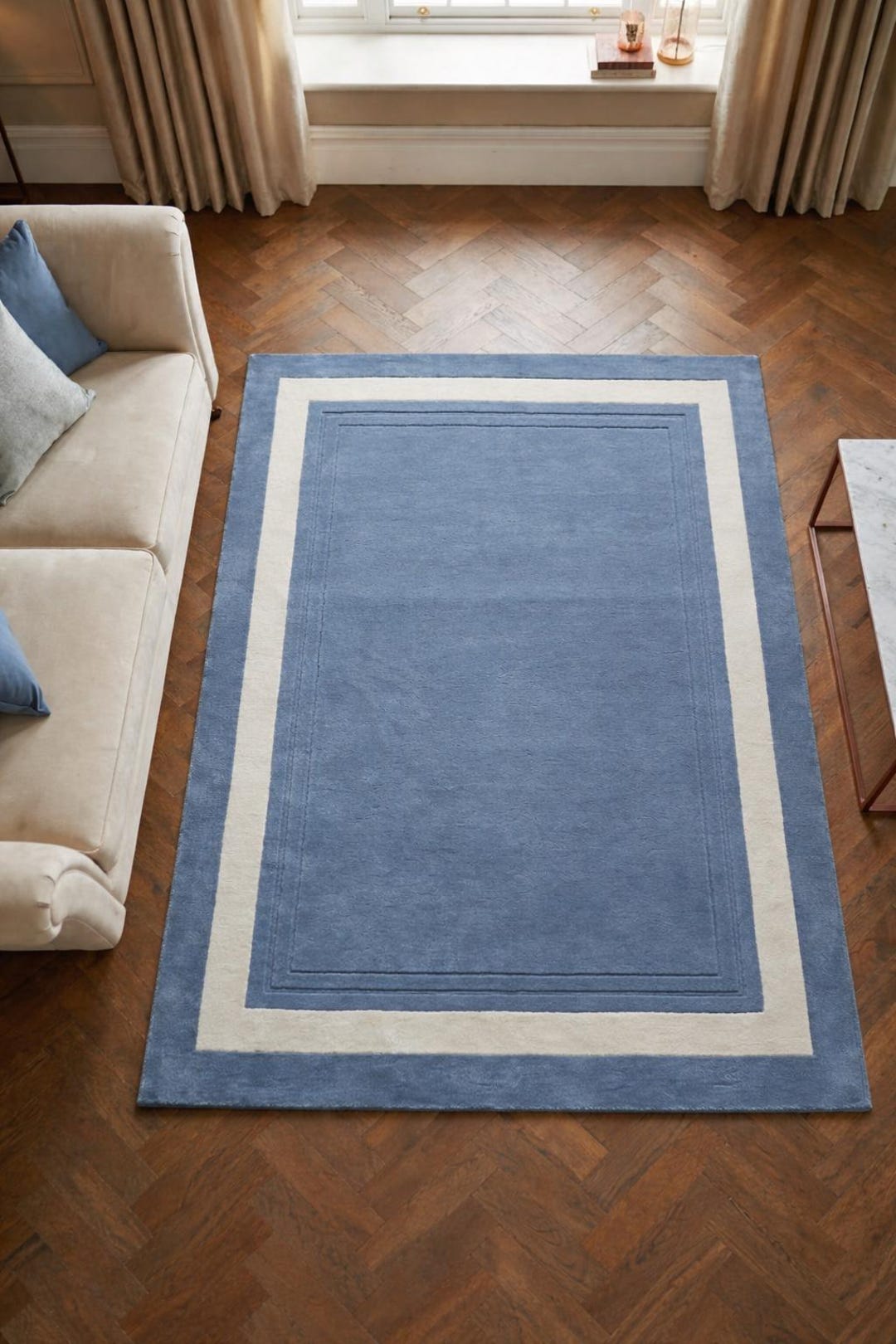 Hand Tufted Wool Area Rug – Blue Ivory Border Modern Carpet - Etsy