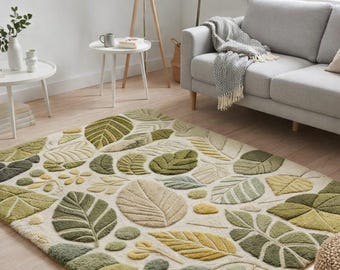 Handgetufteter Wollblatt Teppich, Grüner Teppich, Eco Decor