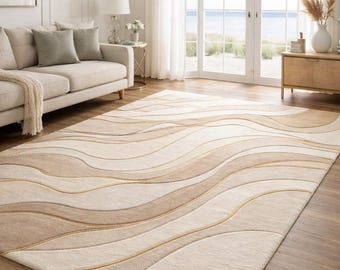 Hand Tufted Wool Rug – 3D Wave Texture, Neutral Sand Beige Area Rug