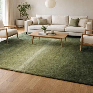 Pode incluir: Uma sala de estar com um grande tapete verde ombré. O tapete tem um gradiente de verde escuro a claro. Um sofá de cor clara, duas poltronas e uma mesa de centro de madeira completam o espaço, criando um ambiente acolhedor.