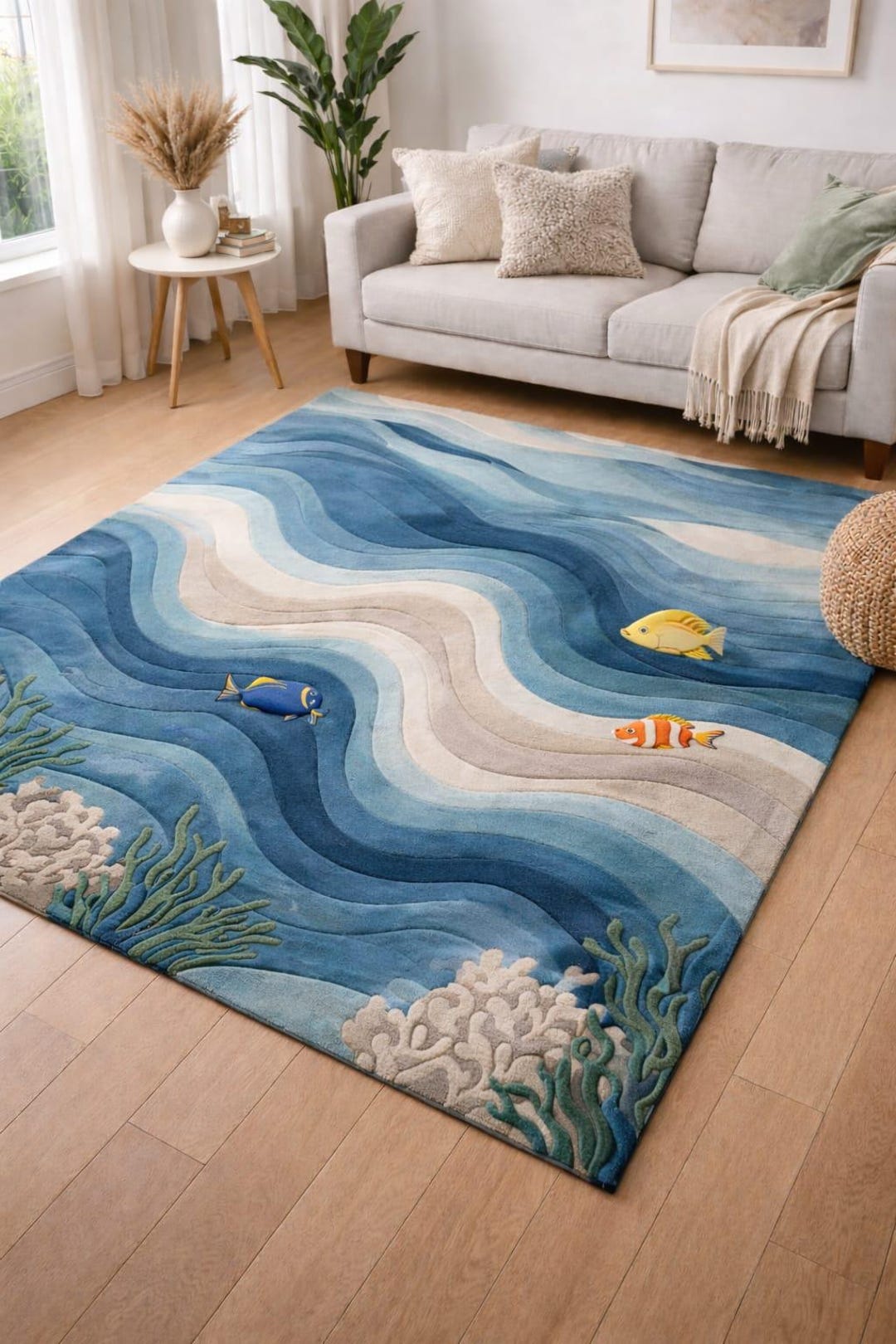 Wave Rugs Hand Tufted Wool Ocean Wave Rug – Tropical Fish, Coral Reef Coastal ...