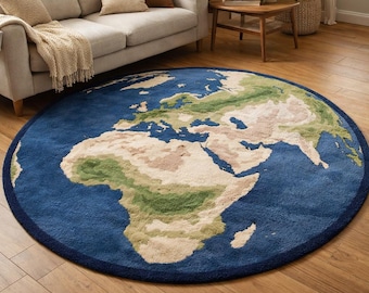 Puede incluir: Una alfombra redonda que representa un mapa del mundo. La alfombra presenta un océano azul con continentes en tonos verdes, beige y marrón. La alfombra está colocada sobre un suelo de madera, con un sofá y una mesa auxiliar en el fondo.