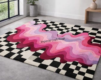 Hand Tufted Wool Area Rug, Checkerboard Pink Wave, Modern Abstract