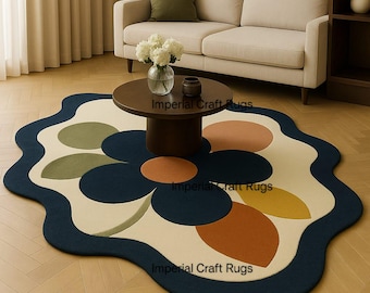 Hand Tufted Irregular Shaped Wool Area Rug , Floral Art Rug for Home Decor
