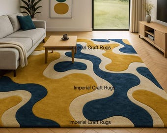 Hand Tufted Wool Area Rug, Modern Abstract Wave, Mustard Yellow, Navy Blue