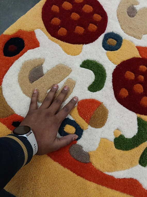 Handgetufteter Pizza-Wollteppich | Lustiger Essen Dekor Teppich für Kinderzimmer