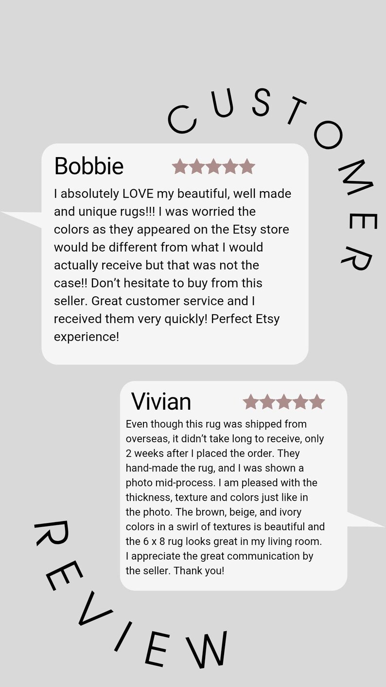 May include: A customer review graphic featuring two white text boxes with the word CUSTOMER at the top and REVIEW at the bottom. The first box is from Bobbie, and the second is from Vivian, both including five-star ratings and written feedback.