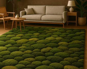 Green Moss Pebble Hand Tufted Rug, Organic Wool Area Rug, Nature Inspired Living Room 