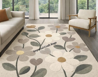 Hand Tufted Floral Wool Rug, Modern Beige Flower Carpet
